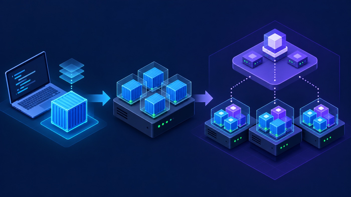 Container delivery progressing from image build to containers on one host and Kubernetes orchestration across multiple worker nodes