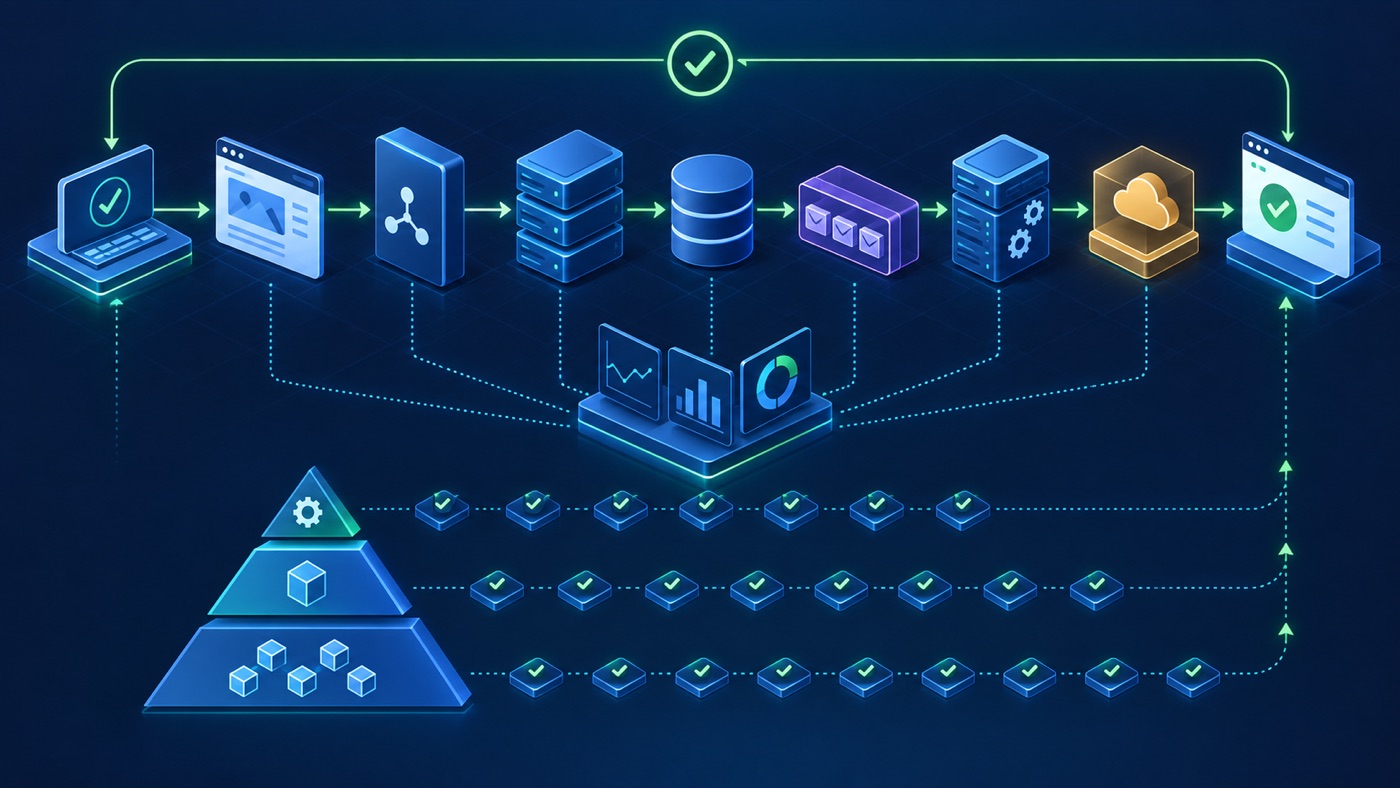 End-to-end test journey crossing a client, API, services, database, message queue, worker, external dependency, and observability before verifying the result