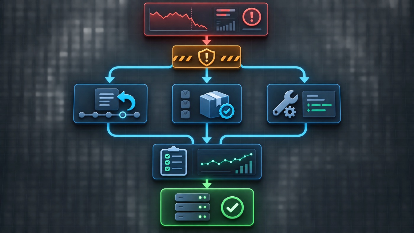 Production recovery decision flow with revert, immutable artifact rollback, and verified roll-forward paths