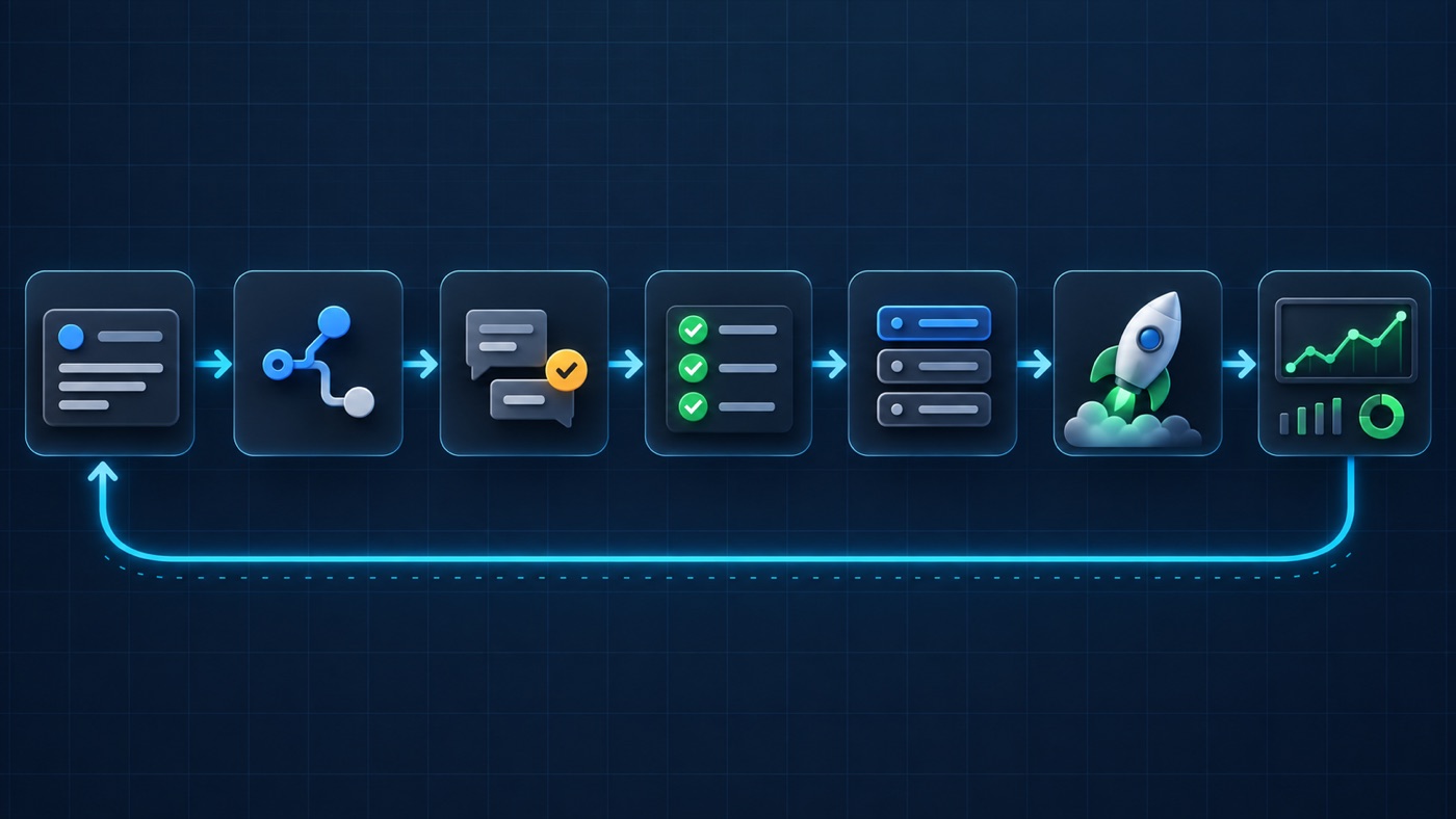 Seven-stage GitHub delivery lifecycle from issue and branch through review, CI, merge queue, deployment, and production verification